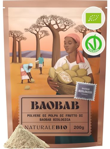 NaturaleBio Baobab biologico in polvere 200g. Superfood ricco di fibre e vitamina C. Polpa cruda di baobab africano. Supporta immunità, digestione e pelle. Vegano, non OGM.