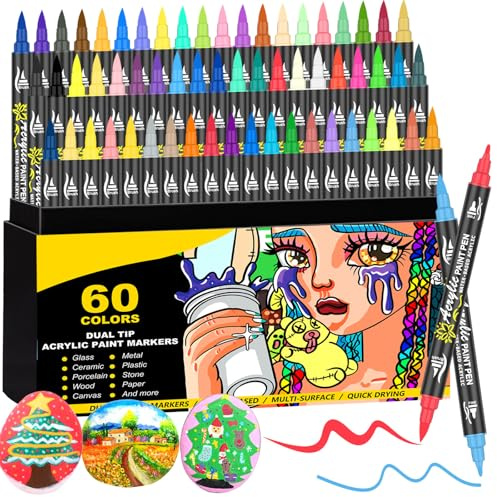 60 Colors Acrylic Paint Pens, Dual Tip (Brush & Fine) Acrylic Paint Markers for Rock Painting, Fabric, Canvas, Glass, Paper, Wood, Ceramic, Egg, Leather and DIY Crafts
