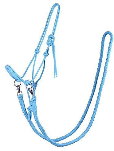QHP Knotenhalfter mit Zügeln robustes 10 mm dickes Seil (Warmblut, Sky)