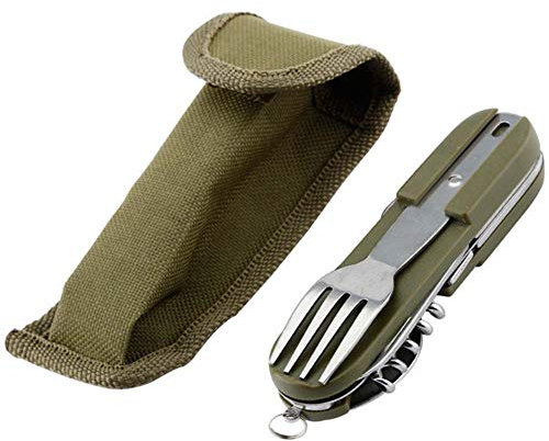 BuleEco 6 in 1 Stainless Steel Folding portable Camping Cutlery Tool Detachable Outdoor Travel Eating Utensils Set with Holder Sheath