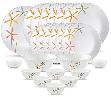 La Opala Novo Collection Opal Glass Crockery | for Family of 6 | Dinner Set 23 pcs Autumn Flower | Plates & Bowls for Dining | Microwave Safe | 100% Vegetarian | Extra Strong | Light & White