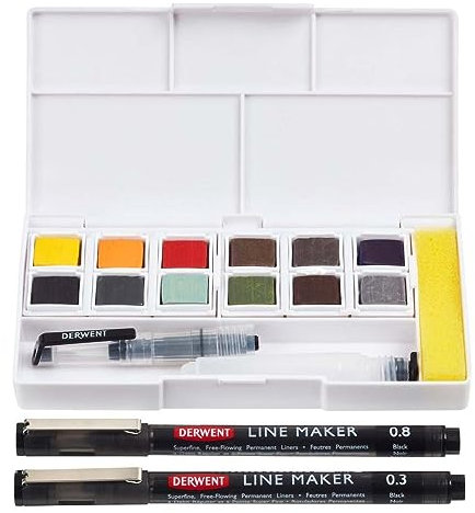 Derwent Line and Wash Farb-Set, Set mit 12 Sortierten Farbtöpfchen, Inklusive 2 x Fineliner-Stiften, 5 x Mischpaletten, 1 x Schwamm, Tragbares Farbset, 2305866