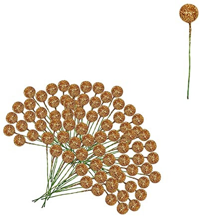 100pcs Christmas Artificial Gold Holly Berries,Glitter Berry Twig Stem Artificial Berry Fruits Picks Berry Branches Winter Berries Bunch for Christmas Wreath Making Xmas Tree Decorations Supplies