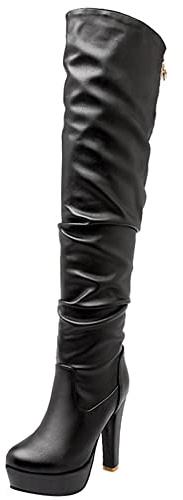 Lroey Reoly Stivali da Donna Sopra Il Ginocchio con Tacco Largo, Stivali Morbidi Tacco Alto Punta Rotonda Boots Senza Chiusura Plateau 118 Nero Numero 35 EU