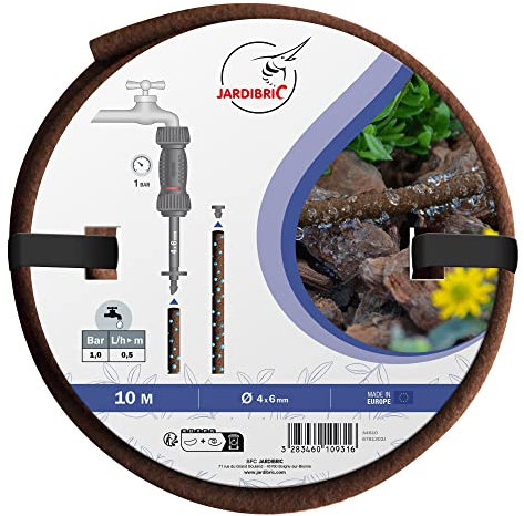 Jardibric - Tuyau Poreux Marron Ø4x6 10m - Débit à 1 Bar de Pression 3,9 L/h au Mètre Linéaire - Irrigation Écologique et Uniforme pour Vos Plantes et Massifs de Jardin.