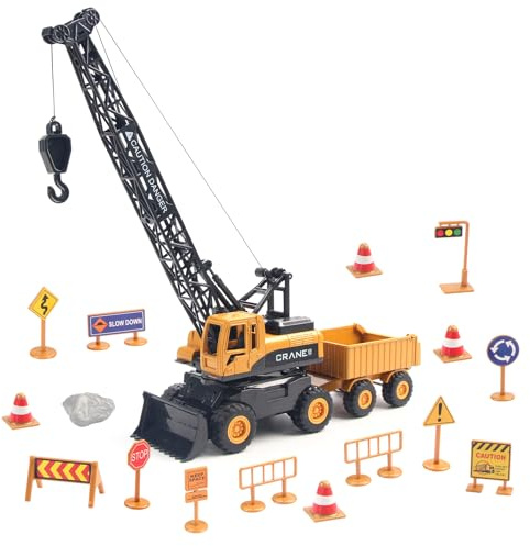 Joyfia Gru giocattolo per camion, set di giocattoli con cartelli stradali (15 pezzi), veicolo di ingegneria all'aperto per sabbia, feste, favore, regalo di compleanno, 3 – 8 anni, bambini e ragazzi