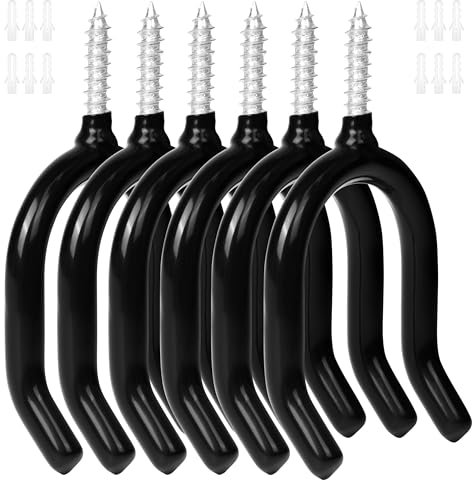 Winter Shore Crochet Garage en U Noirs à Visser [Lot de 12] - Support Outils de Jardin Mural Robustes pour Garage ou Remise - Revêtement Vinyle, Acier Antidérapant - 12 Chevilles Incluses