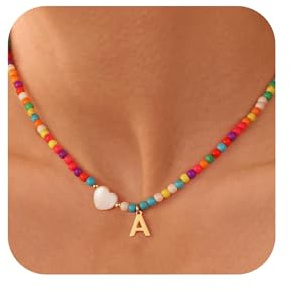 Ursteel Initial Necklaces for Women - Beaded Choker Heart Necklace for Women Trendy, Personalized Summer Letter A Choker Necklace Jewelry for Women Mothers Day Gifts