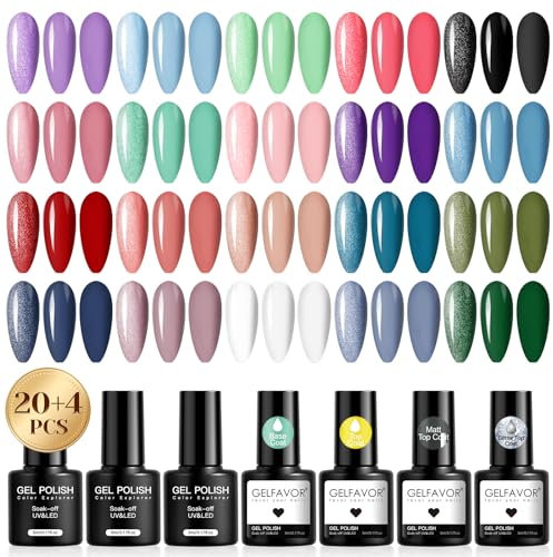 GELFAVOR Smalto Semipermanente, 24 Pezzi Viola Blu Verde Rosa Rosso Colori Smalti Semipermanenti per Unghie, Soak Off UV/LED Mini Smalto Gel Nail Art Manicure