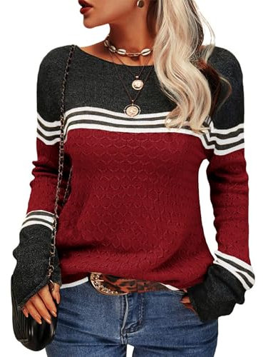 Hormtaer Womens Jumpers Crew Neck Long Sleeve Knit Sweater Colorblock Striped Knitwear Ladies Casual Retro Sweaters Soft Pullover Tops (Wine Red, L)