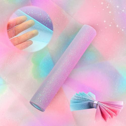 Weploda Regenbogen-Tüllstoff, Regenbogen Glitzer Tüllstoff 30cm x 9m, Regenbogen Dekostoff Tüllband, Glitter Tüll Rollen Schimmer, Tüll Rolle Tüllnetz Dekostoff Tüllband Für Hochzeit Party Deko