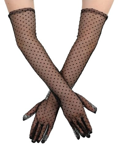 Aeaocvo Transparent Handschuhe Schwarz Tüll, Lange Spitzenhandschuhe für Damen, Gepunktete Tüll Armstulpen, Netzhandschuhe Vintage Elegante Lace Gloves für Hochzeit Dinner Party