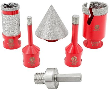 FOCSTOL - Juego de brocas de diamante para azulejos de porcelana y baldosas de granito, 6 piezas (6/8/35 mm+50 mm biseladas+25 mm Broca fresa+adaptador)