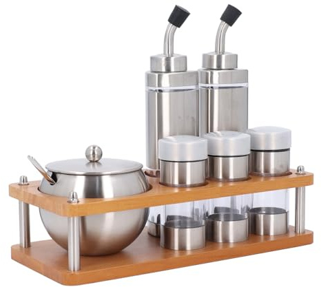 Set da con Portaspezie in Vetro e Acciaio Inox, Contenitori per Sale, Pepe, Olio e Aceto, per Casa e