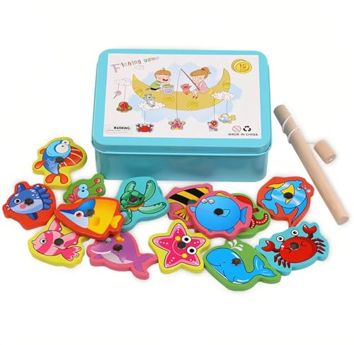 Bacxzomx Juguetes de Madera Juego de Pesca, Juguetes Educativos Montessori Niños 2 Años, Juego de Pesca Magnética, Regalos Educativos para Niños (Azul)