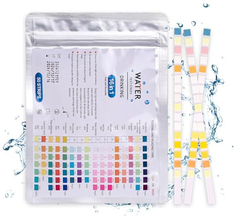 50x 16 in 1 Wassertester Trinkwasser, Trinkwasser Teststreifen, Trinkwasser Teststreifen für Wasserhärte, pH, Chlor, Blei, Eisen, Kupfer, Nitrat