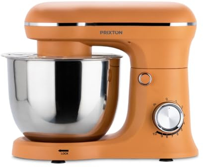 PRIXTON KR250 mixer för bakverk, 1500 W, 10 hastigheter, 5 liters rostfri stålskål, 3 tillbehör, transparent lock, matt orange