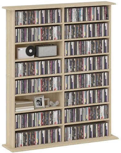 HOMCOM 720 CD/396 DVD Storage Unit, 396 Blu-ray Media Storage Shelf with 16 Compartments and 12 Adjustable Shelves, CD Tower for Living Room, Bedroom, Office, Nature Wood Finish