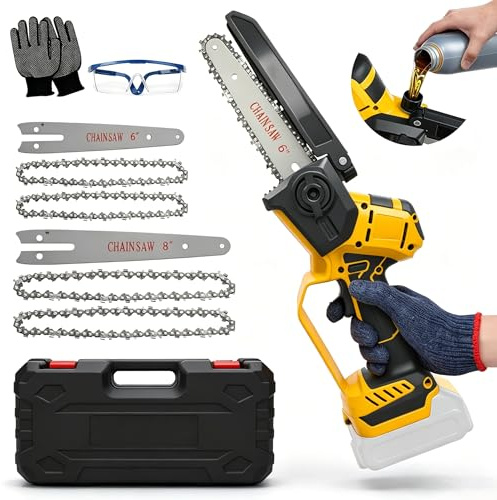 Mini Motosierra Bateria, 8 & 6 Pulgadas Motosierra Eléctrica Bateria, Motosierra Eléctrica Portátil Inalámbrica Compatible con Dewalt 18V 20V Batería, con 4 Cadenas, para Podar Ramas (Sin batería)