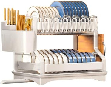 Scolapiatti da cucina a 2 livelli con cestello di scarico, portaoggetti per stoviglie da banco, bacchette, coltelli, bicchieri d'acqua(White)