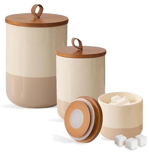 XUDREZ Vorratsbehälter Keramik Mit Luftdichten Deckel, Küchen Aufbewahrung Dosen Salzdose Für Kaffee Zucker Tee Müsli Mehl, Gewürzeluftdicht Rund Mit Schlüsselband (3 er-Pack)