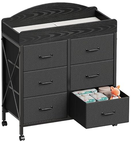 Yetom Baby Changing Table Dresser with Wheels, 6-Fabric Drawer Baby Dresser with Changing Table Top, Waterproof Diaper Changing Station & Pad, Mobile Storage Unit, Compact Baby Furniture, Black