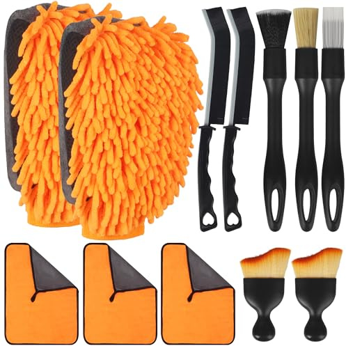 BUCOMTU 12 pcs Kit Nettoyage Voiture – 3 lingettes Microfibre, 2 Gants de Lavage, 7 Pcs Ppinceau Detailing Auto,kit Nettoyage Voiture Interieur