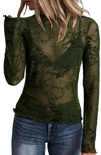 Dokotoo Sexy Slim See Through Ombre Velvet Floral Going Out Tops Embroidery Mesh Stretch Sheer Top Blouse Scalloped Trim Party Clubwear Floral Print Layering Y2K Nightout Tee,Vineyard Green Medium