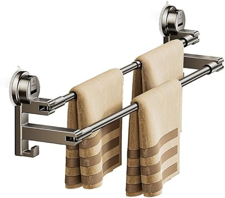 Yallmie Porte Serviette Ventouse, 52 a 90cm Double Barre Porte Serviette Mural Telescopique Sans Perçage, Porte-Serviettes à Ventouse en Métal avec Crochet, Support Serviettes Salle de Bain et Cuisine