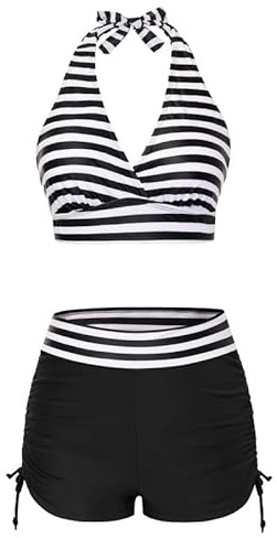 Bikini Sets for Women UK, Halter Neck Bikini Top & High-Waisted Bikini Boyshorts Tummy Control Swimsuits Swimming Costume Padded Floral Swimwear Soft Bathing Suits for Beach