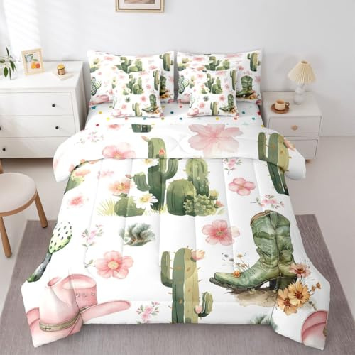Western Cactus Twin Size Comforter Set with Sheets for Kids Girls Adults | Tropical Plants Floral 7-Piece Bedding Set Western Cute Cowgirl Hats Bed in a Bag Boho Exotic Flowers Bed Quilt Sets