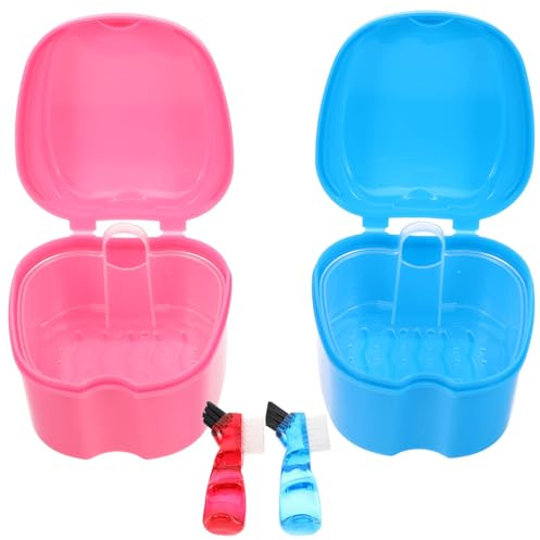 PAMINGONO Brosse à Dents pour Prothèses Dentaires Boîte de Rangement de Pomme Bleu Clair et Rose Ensemble 2 Pièces Portable pour Entretien et Protection Étui de Voyage Pratique pour Soins