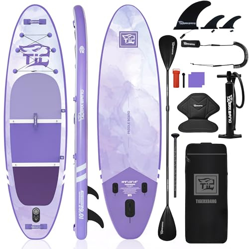 TIGERXBANG Tabla Paddle Surf Hinchable 320x82x15cm, Sup UV Púrpura con Gradiente, Asiento, Pala Ajustable y Accesorios Completos, Diseño Estable Todo Terreno