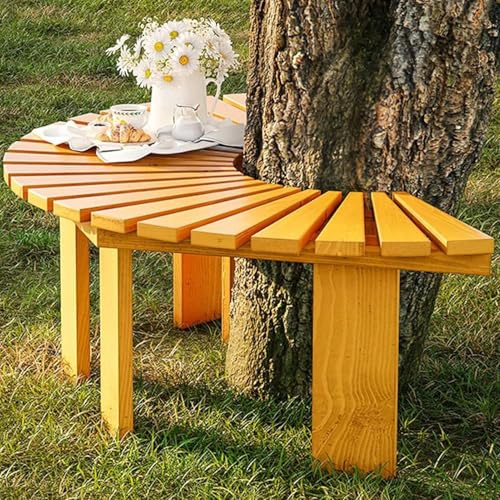 Banco de árbol azul Estante envolvente para plantas al aire libre | Taburete de jardín de madera, asiento de Patio para balcón, césped parque porche trasero asiento de árbol(marrón,Half Round)