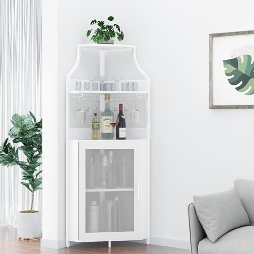 GarveeMore Armario de Vino Esquinero, Mueble Bar Industrial de 5 Niveles con Botellero y Porta Copas, Estantería para Vinos con Puerta de Malla para Salón, Bar, Comedor, Cocina, Blanco