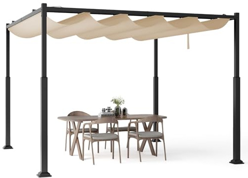 COSTWAY Gazebo Pergola da Giardino 310 x 310 cm, Pergola da Esterno con Tettuccio Retrattile, Struttura in Metallo, per Giardino, Patio e Portico (Beige)