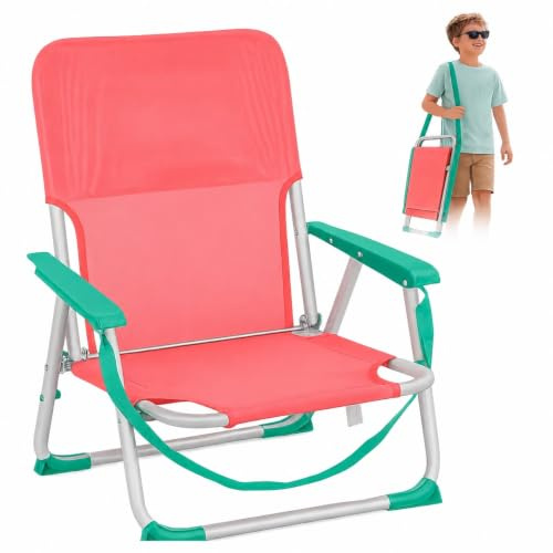 Silla de Playa para Niño Plegable - 24cm Altura Asiento - para Camping, Terraza, Jardin - con Asa para Fácil Transporte y Reposabrazos - Ligera - Textileno y Aluminio - para Niños + 6 Años (Coral)