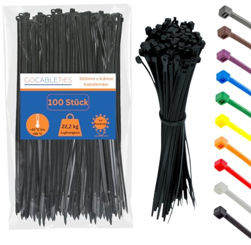 Gocableties Kabelbinder 100 Stück Schwarz, 300 mm x 4,8 mm mit 22,2 kg Zugfestigkeit, UV Beständig Set