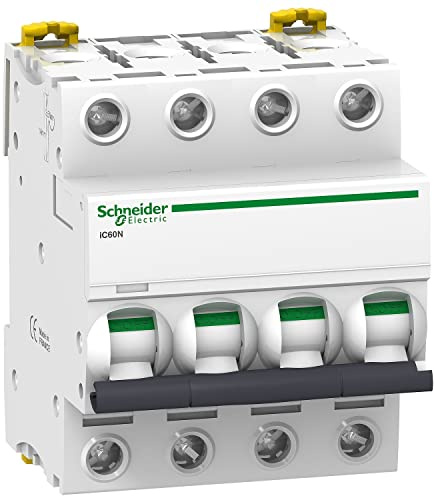 Schneider Electric A9F74463 IC60N Disjoncteur, Acti9, courbure C, 4P, 85 mm Hauteur x 72 mm Largeur x 78,5 mm Profondeur, 63 A Courant, 50/60 Hz, Blanc