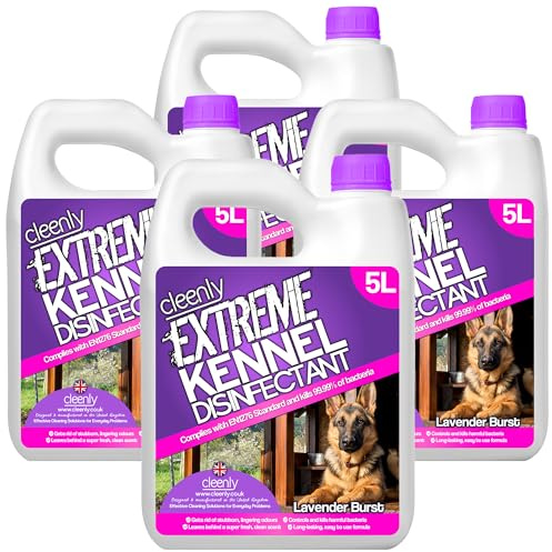 Cleenly Extreme Kennel Cleaner Disinfectant 4 x 5L– 3-in-1 High Strength Pet Cleaner, Kills 99.9% of Bacteria, EN1276 Tested, Odour Eliminator for Kennels, Floors & Pet Areas (Lavender)