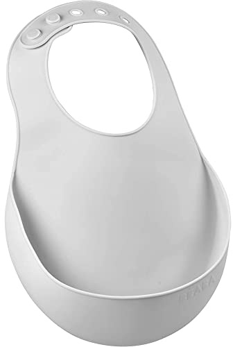 Béaba Babero de Silicona para Bebé, Impermeable, Ajustable: varias muescas, Flexible y Ligero, Ultrasuave, Fácil de limpiar, Fondo ancho para capturar los alimentos, Gris