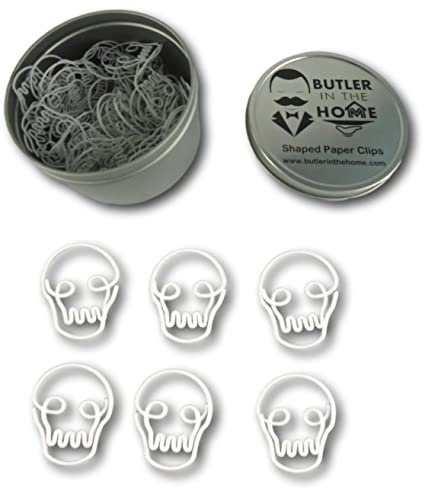 Butler in the Home 100 Count Skull Head Skeleton Shaped Paper Clips Great for Paper Clip Collectors or Office Gift - Comes in Round Tin with Lid and Gift Box (White)