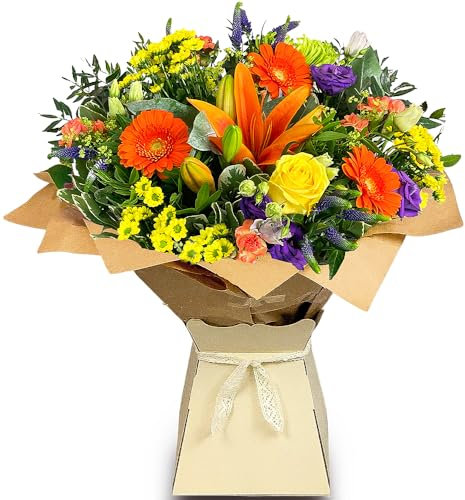 Country Daze Hand-Tied Fresh Flower Bouquet - Vibrant Orange Germinis, Yellow Spray Roses, and Green Chrysanthemums - Perfect for Birthdays, Anniversaries, and Thank You Gifts