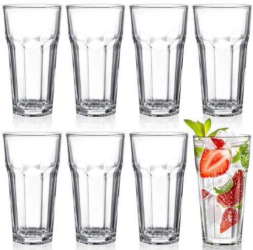 Yopay Set of 8 Highball Drinking Glasses, 12oz Lead-Free Tempered Water Glasses Thick Heavy Base, Clear Iced Hot Tea Glassware for Cocktail, Juice, Milkshake, Soda Beer Tumbler Cup