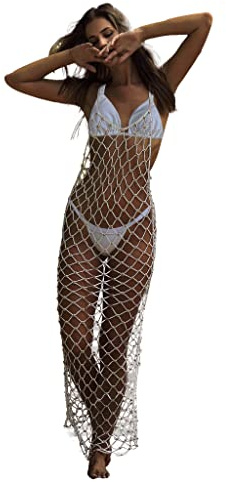 Ypser Vestito lungo da donna a rete con strass, maxi abito da spiaggia all'uncinetto, copribikini, bianco, S/M