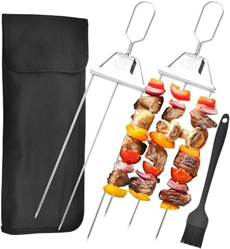 Pack of 2 Stainless Steel Barbecue Skewers, Stainless Steel, 3-Way Meat Skewers, Reusable Gas Grill, BBQ, Skewer Holder and Kebab Grill for Barbecuing, Meat, Vegetables