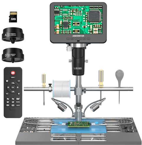 Andonstar AD246S-M Plus 7'' HDMI-Lötdigitalmikroskop für Elektronikreparaturen, 2000x 3 Linsen 2160P UHD-Videoaufnahme, Lötmikroskopstation mit Hilfshänden, Münzmikroskop, 32GB-Karte