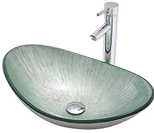 ZYLDDS Lavandino da Bagno A Forma di Barca, Lavabo da Appoggio in Vetro Temperato Artistico, Lavabo da Appoggio con Rubinetto dell'Acqua E Scarico del Lavabo A Scomparsa,Green-A