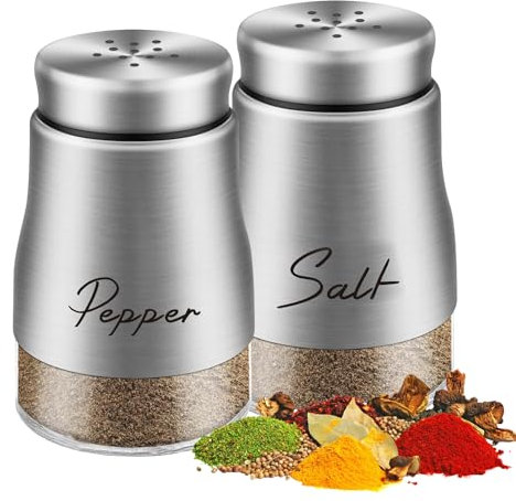 Set di sale e pepe, 120 ml, con fondo in vetro, saliera in vetro, con coperchio in acciaio inox, per casa, cucina, ristorante, tavolo da pranzo (argento)