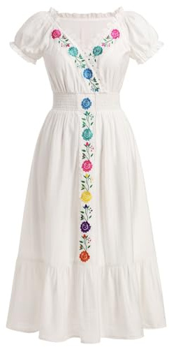 EFOGEP Mexican Dress for Women Spring Summer Traditional Fiesta Dress Short Sleeve V Neck Floral Embroidery Ruffle Cinco De Mayo Costume Ethnic Wear Boho Casual Beach Dresses White L